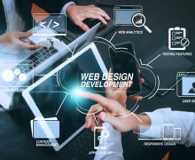 Developing programming and coding technologies with Website design in virtual diagram.co working team meeting concept,businessman using smart phone and digital tablet and laptop computer and name tag in modern office